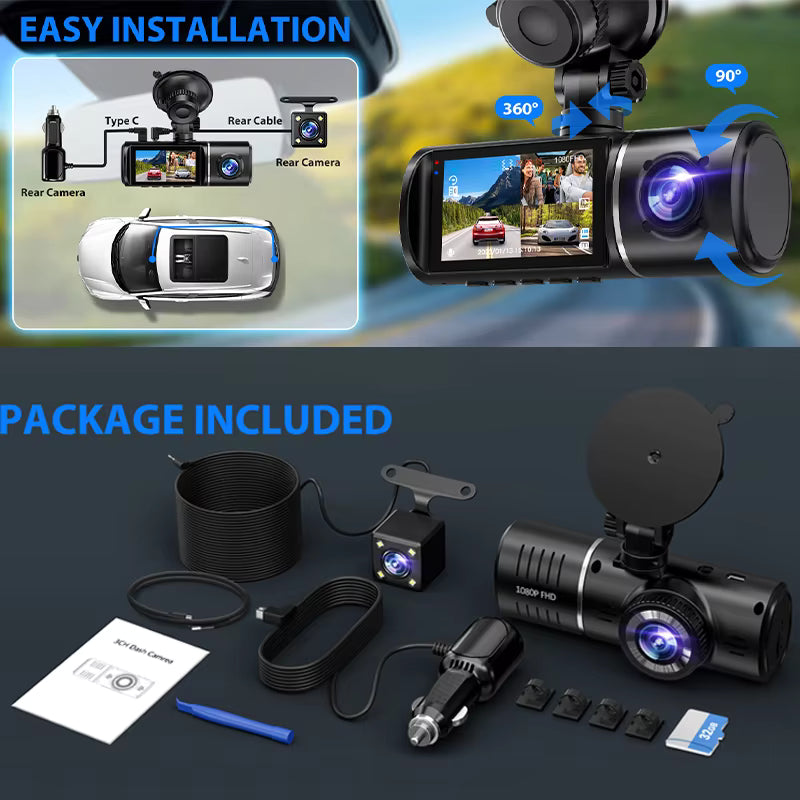 AOEDI Wholesale Three-lens Driving Recorder With Dual-panoramic Wifi Recording Function and Media Dash Camera for Cars